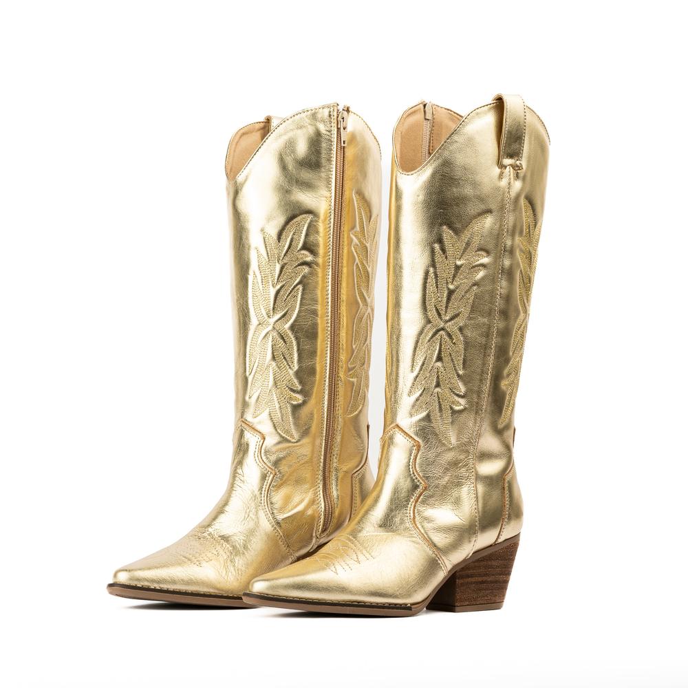 Foto 4 | Botas Vaqueras Piel Tacón Moda 6.5cm Para Mujer Walki Karla Dorado