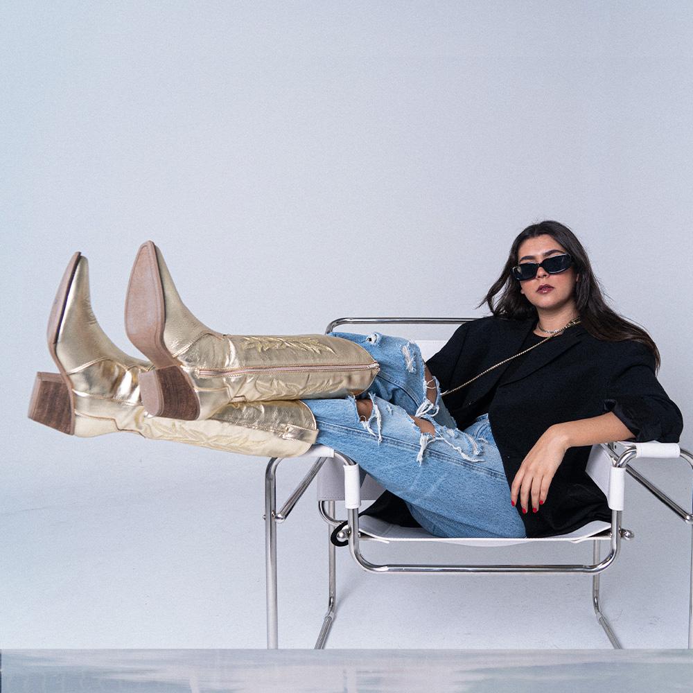 Foto 5 | Botas Vaqueras Piel Tacón Moda 6.5cm Para Mujer Walki Karla Dorado
