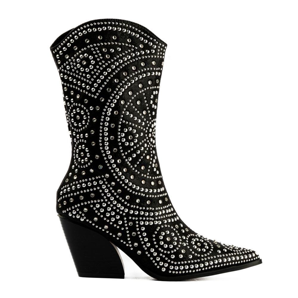 Foto 2 pulgar | Bota Vaquera Brillo Tacón Moda 8.5cm De Mujer Walki Antonia Negro