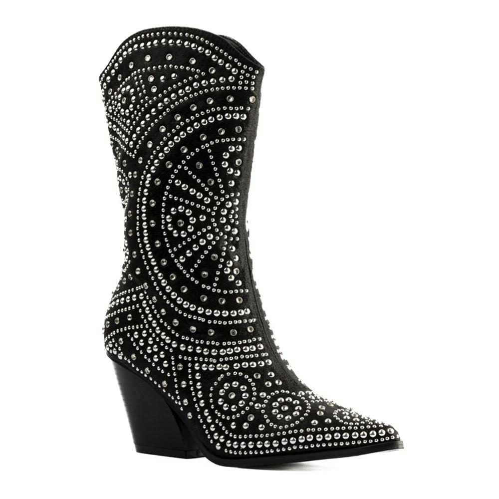 Foto 3 | Bota Vaquera Brillo Tacón Moda 8.5cm De Mujer Walki Antonia Negro