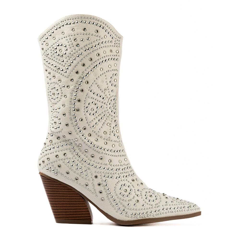 Foto 2 pulgar | Bota Vaquera Brillo Tacón Moda 8.5cm De Mujer Walki Antonia Blanco