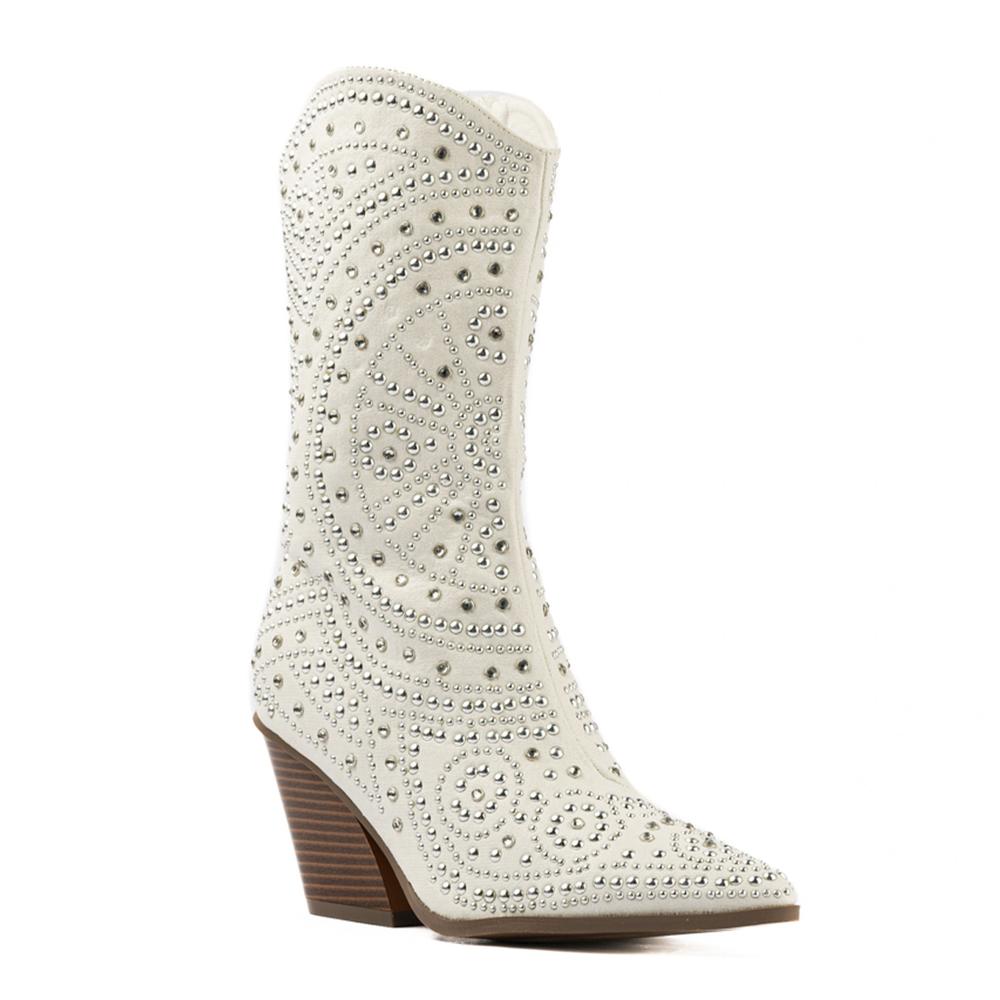 Foto 3 | Bota Vaquera Brillo Tacón Moda 8.5cm De Mujer Walki Antonia Blanco
