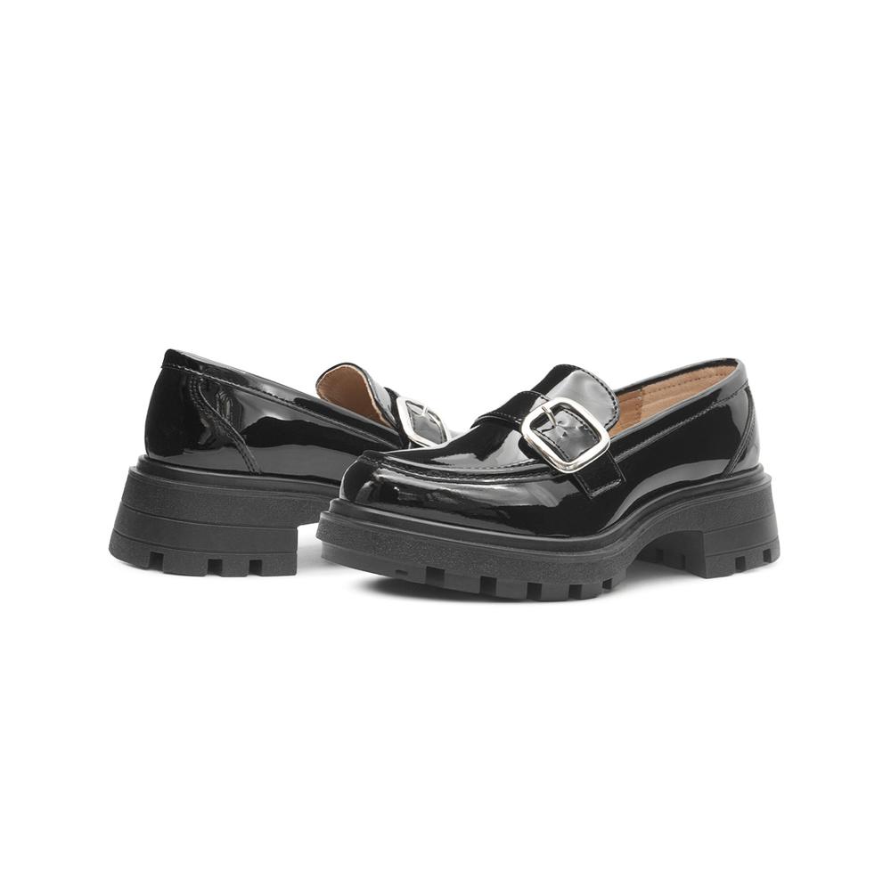 Foto 3 pulgar | Zapato Mocasin Para Mujer Charol Negro Moda Suela Chunky Negro