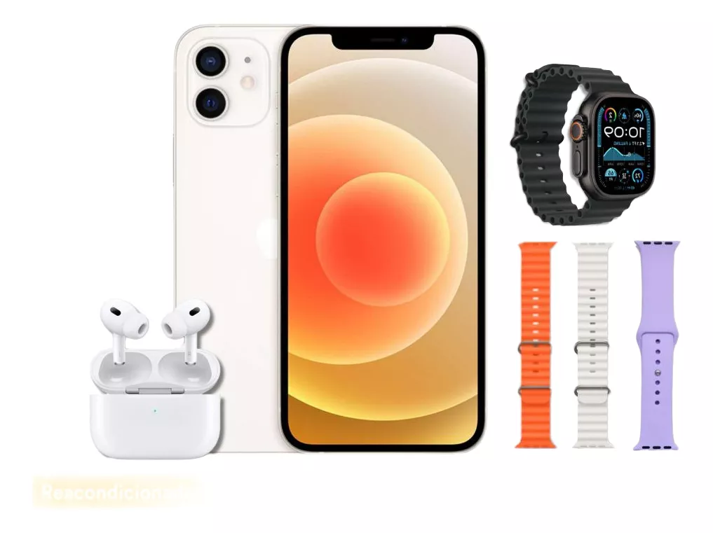 Celular iPhone 12 64 gb Blanco Reacondicionado Grado A + Audífonos y Smartwatch