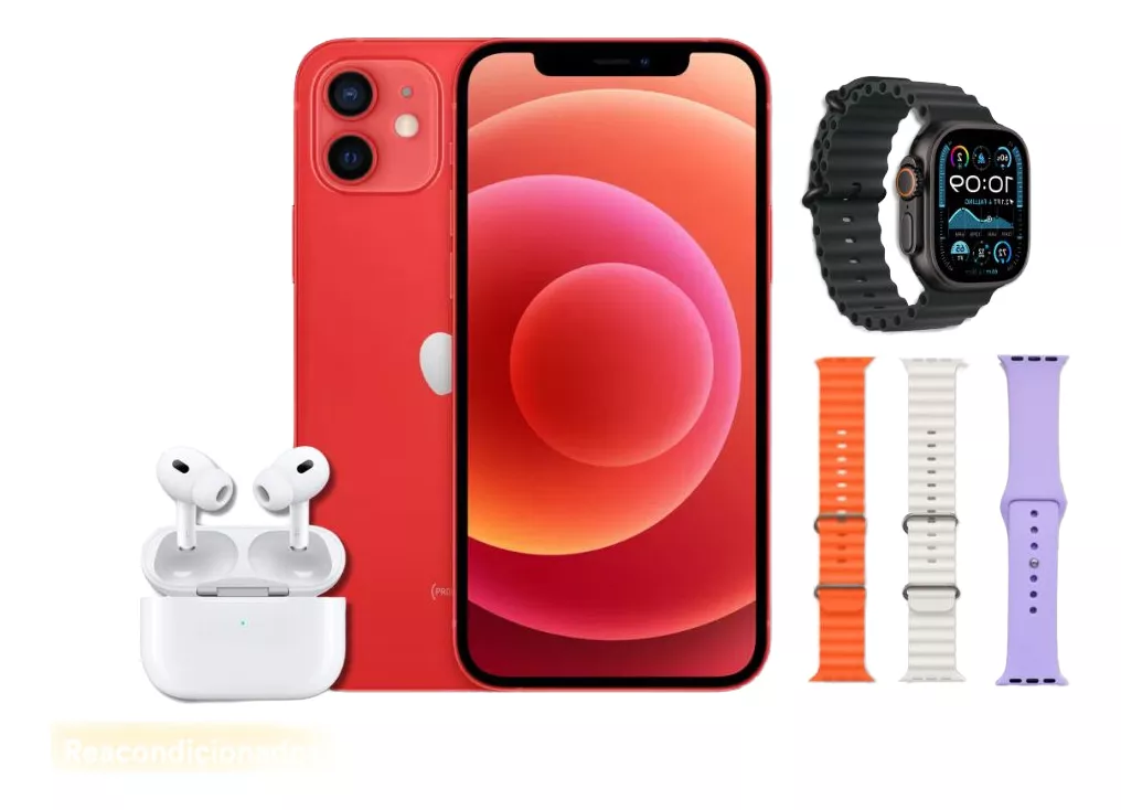 Celular iPhone 12 64 gb Rojo Reacondicionado Grado A + Audífonos y Smartwatch