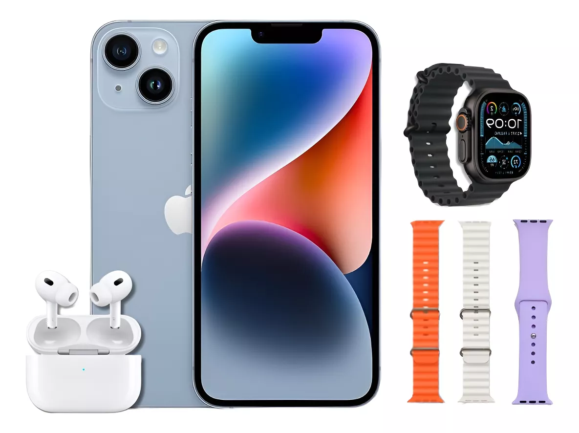 Celular iPhone 14 128 gb Azul Reacondicionado Grado A + Audífonos y Smartwatch