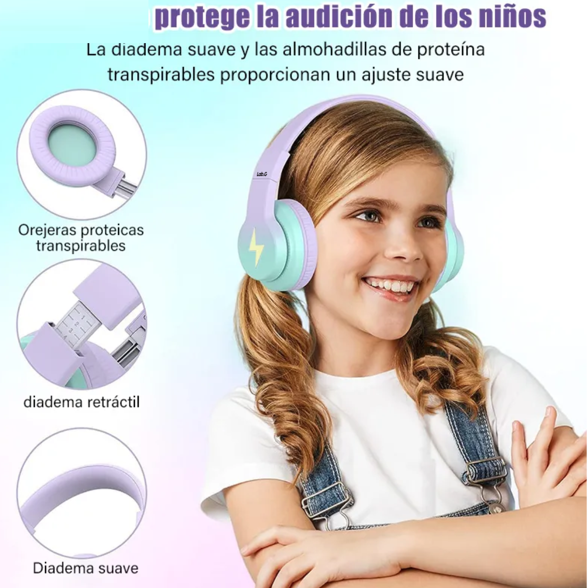 Foto 5 pulgar | Auriculares De Diadema Bluetooth Inalámbricos Para Niños Lab.g Rosa Con Morado