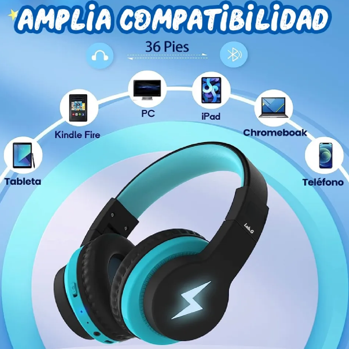 Foto 4 pulgar | Auriculares De Diadema Bluetooth Inalámbricos Para Niños Lab.g Azul Con Negro