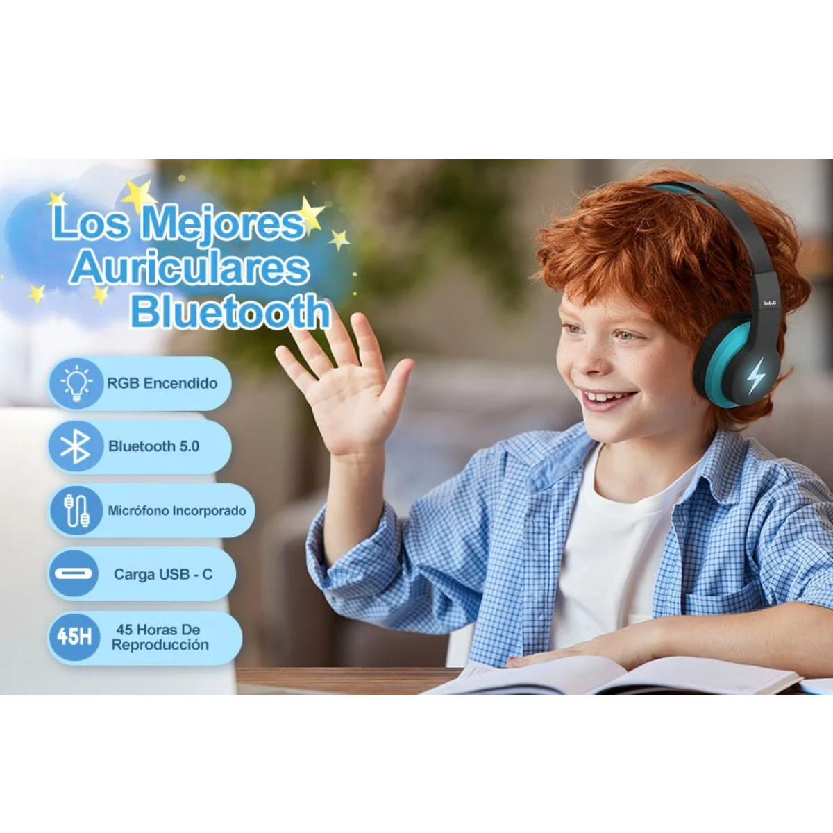 Foto 6 pulgar | Auriculares De Diadema Bluetooth Inalámbricos Para Niños Lab.g Azul Con Negro