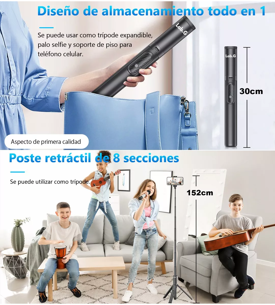 Foto 4 pulgar | 60in Selfie Stick Soporte Portátil Trípode Para Celular Móvil Lab.g Negro