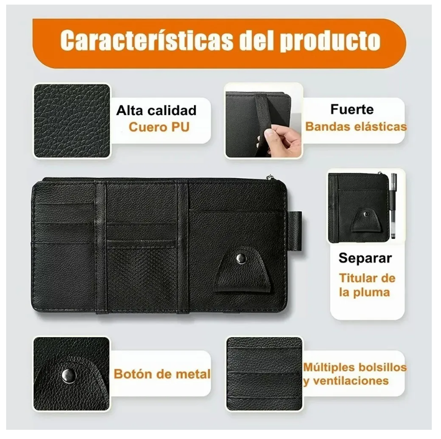 Foto 6 pulgar | Organizador De Visera Coche Bolsa Cuero Multiusos De Tarjeta
