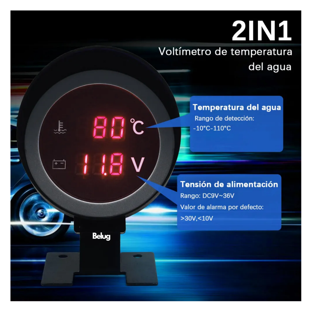 Foto 6 pulgar | 2en1 Medidor Temperatura Auto Digital Voltímetro Con Sensor Belug  Negro