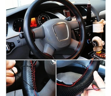 Foto 2 | Funda De Volante De Piel Genuina Perforada Negra Con Linea Roja 38 Cm