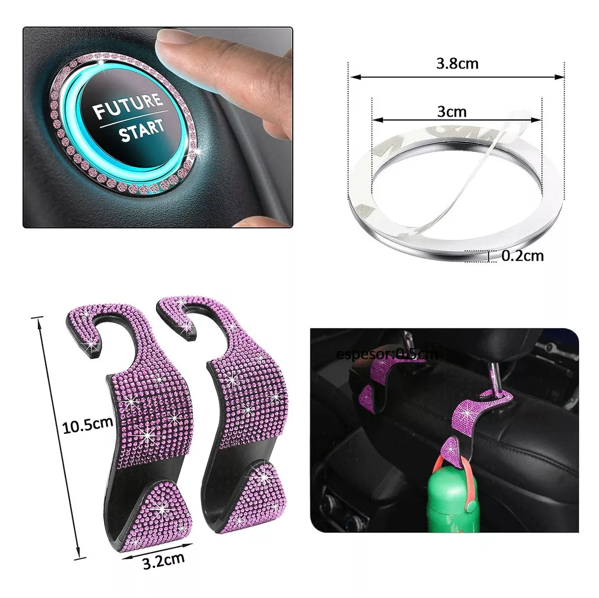 Foto 6 pulgar | Accesorios De Coche Brillantes Con Diamantes Para Mujer 13 Pcs Rosa