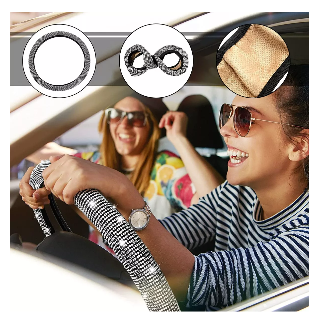 Foto 5 pulgar | Funda para Volante Brillos Diamantes 38 cm 5 Piezas Negro