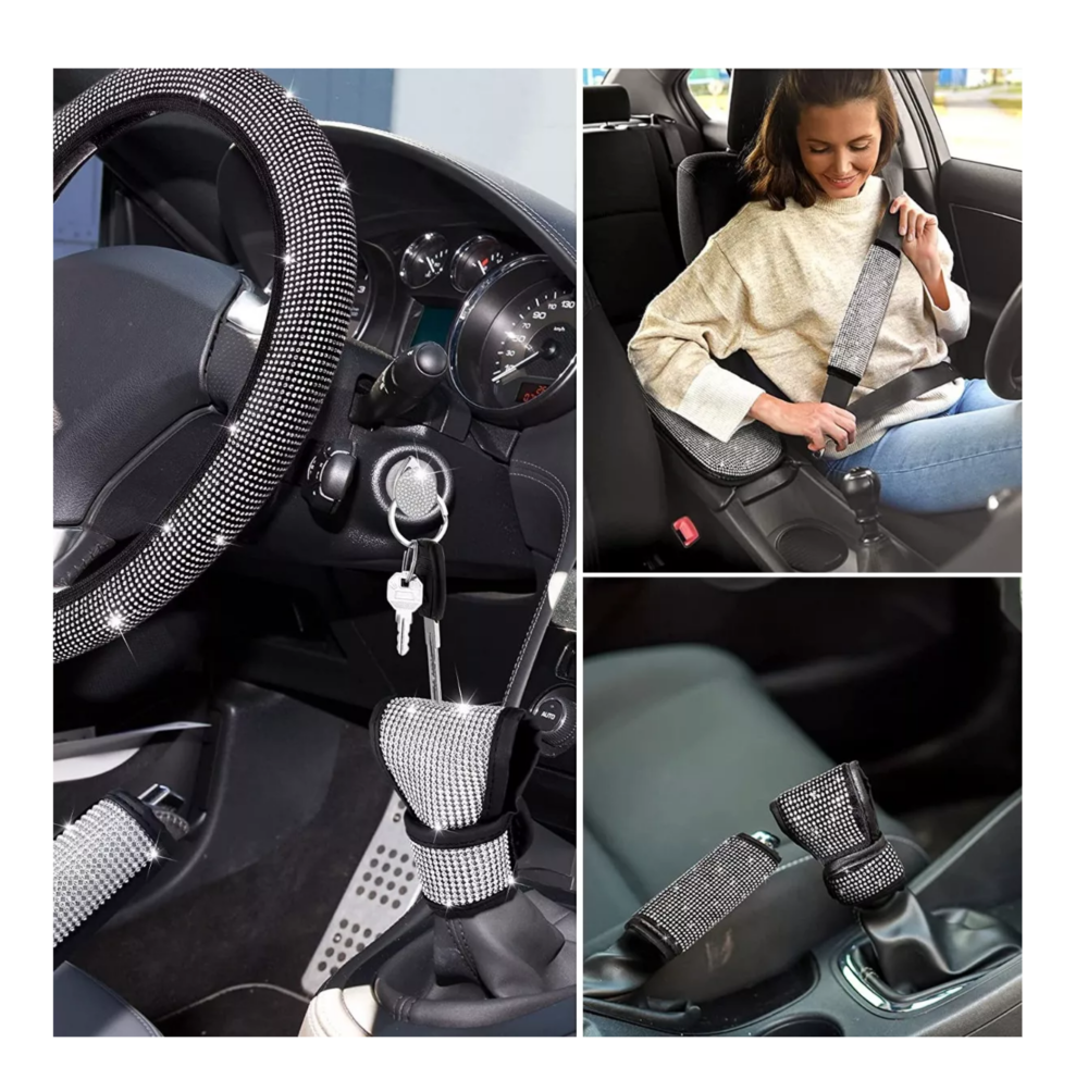 Foto 4 pulgar | Funda Para Volante Para Mujer Brillos Diamantes 38 Cm 5 Pcs, Belug Negro