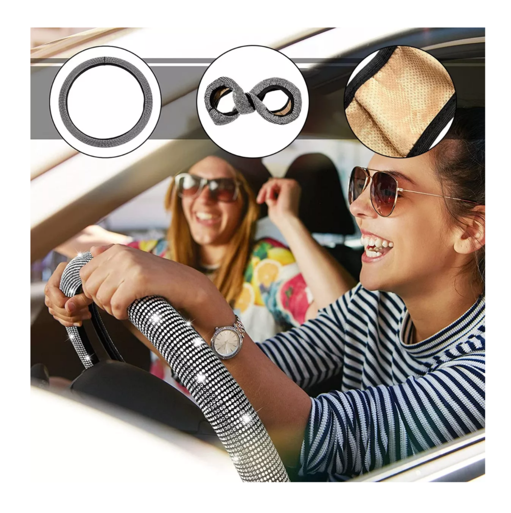 Foto 5 pulgar | Funda Para Volante Para Mujer Brillos Diamantes 38 Cm 5 Pcs, Belug Negro
