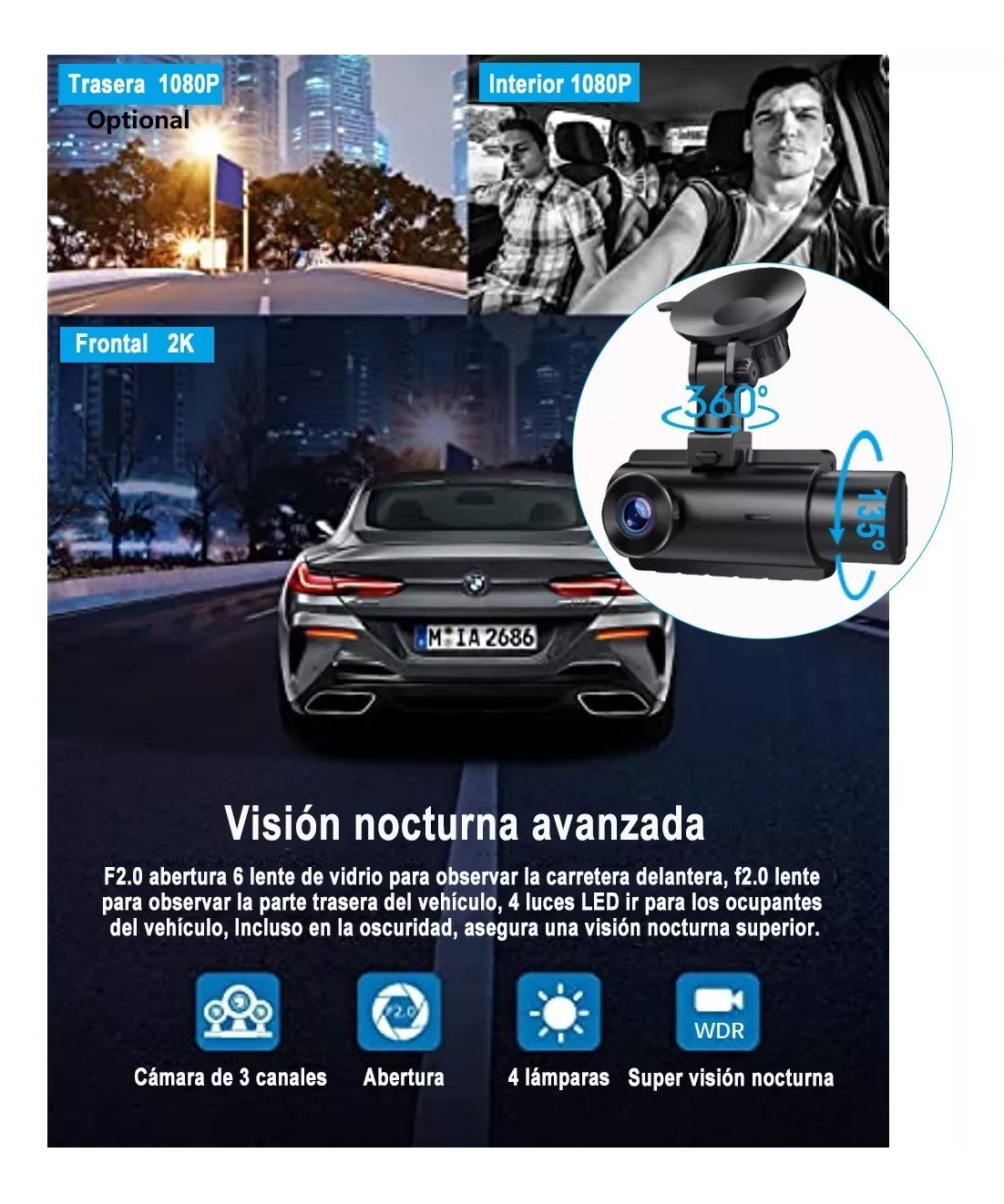 Foto 2 | Doble Cámara para Auto Belug 1080p HD Frente e Interior 2K