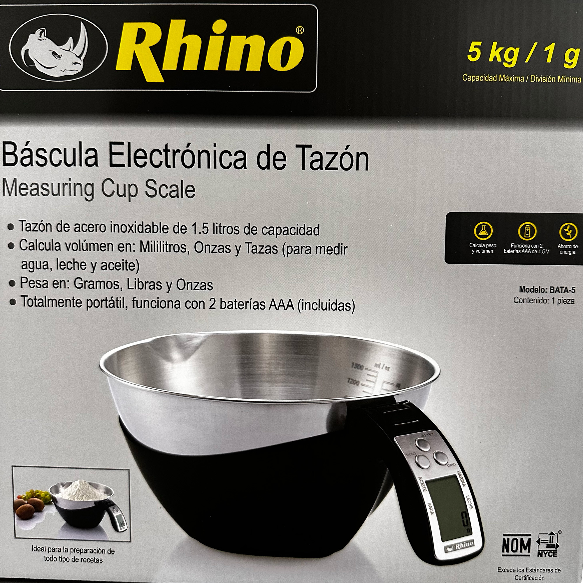 Foto 5 pulgar | Báscula Digital Rhino Bata 5 con Tazón de Acero Inoxidable Blanco