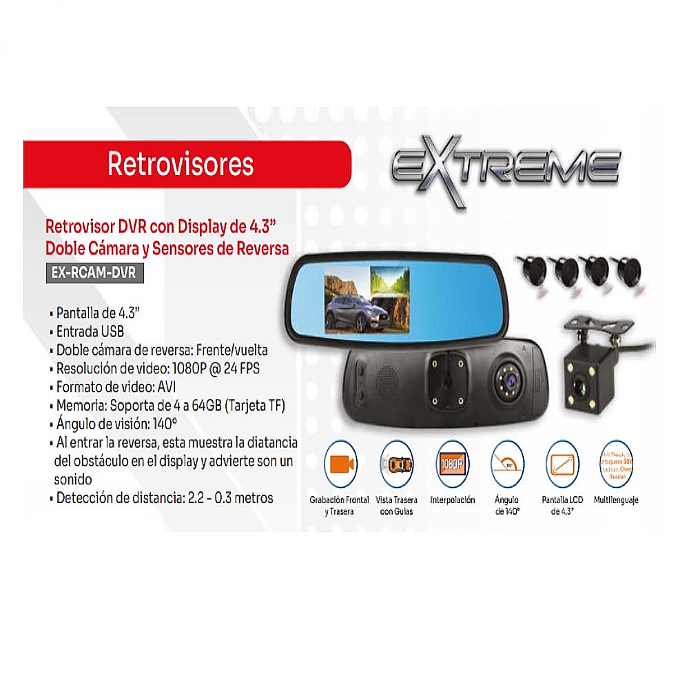 Foto 4 pulgar | Retrovisor Extreme Ex-rcam-dvr con Cámara de Reversa y Sensores