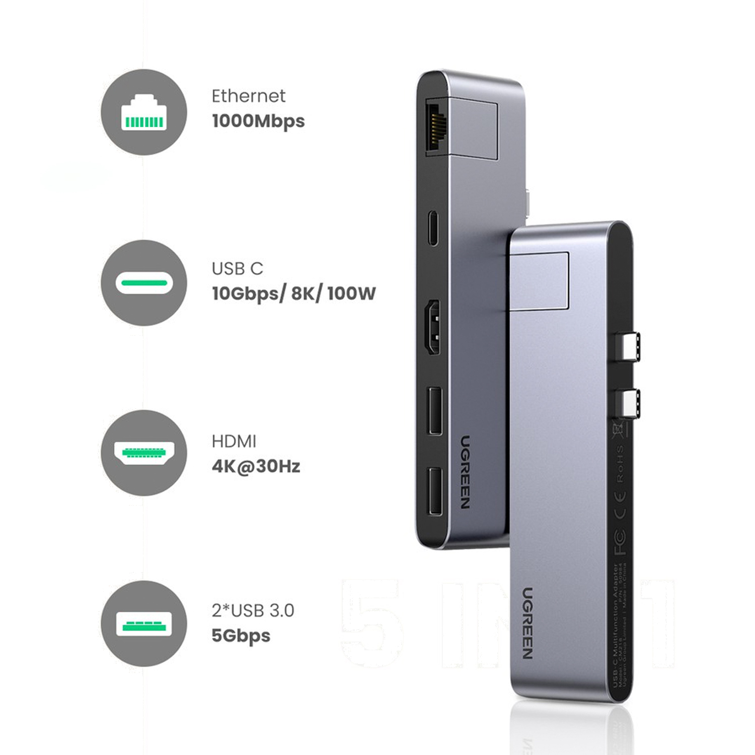 Foto 4 pulgar | Adaptador Hub Usb Ugreen 6 en 1 Hdmi Ethernet Dual Usb C Macbook Pro color Gris