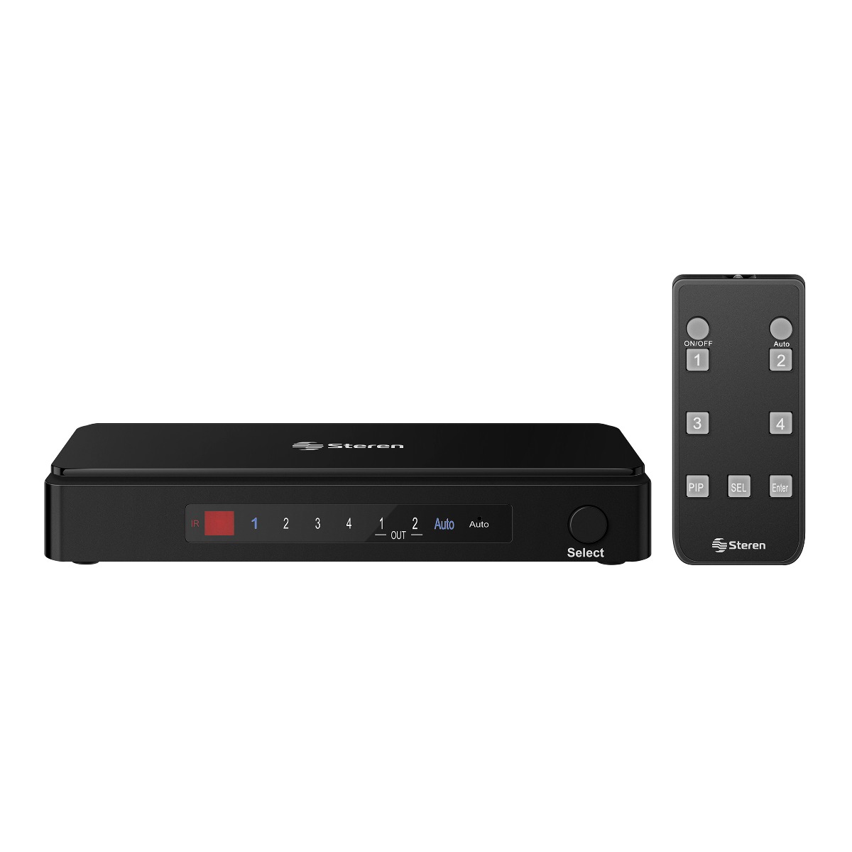 Selector Hdmi 4k Steren 200-388 color Negro de 4 Entradas y 2 Salidas con Control Remoto y Función Pip Picture In Pict