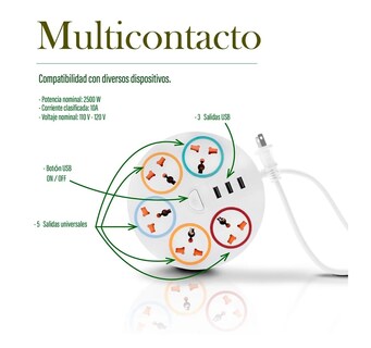 Foto 2 | Multicontacto Circular Multiusos 5 Contactos Y 3 Puertos Usb Eo Safe Imports Esi-538 Blanco
