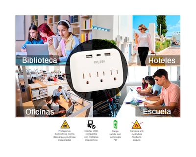 Foto 3 | Multicontacto 3 Ac Portatil 2 Usb 1 Usb Tipo C De Viaje Carga rápida Inteligente
