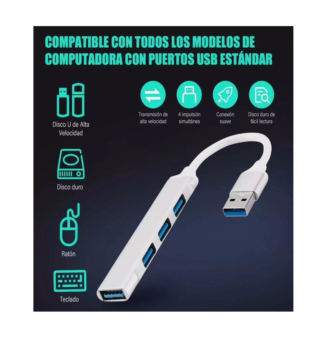 Foto 4 pulgar | Adaptador Multipuerto Hub Delgado 4 Puertos Usb 3.0 B Blanco