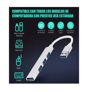 Foto 3 | Adaptador Multipuerto Hub Delgado 4 Puertos Usb 3.0 B Blanco