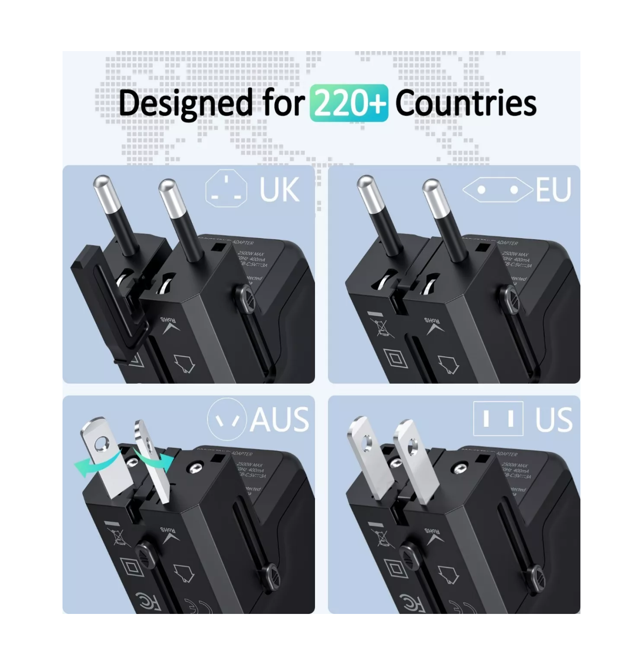 Foto 4 pulgar | Adaptador De Viaje Enchufe Universal Clavija Usb Cargador Negro