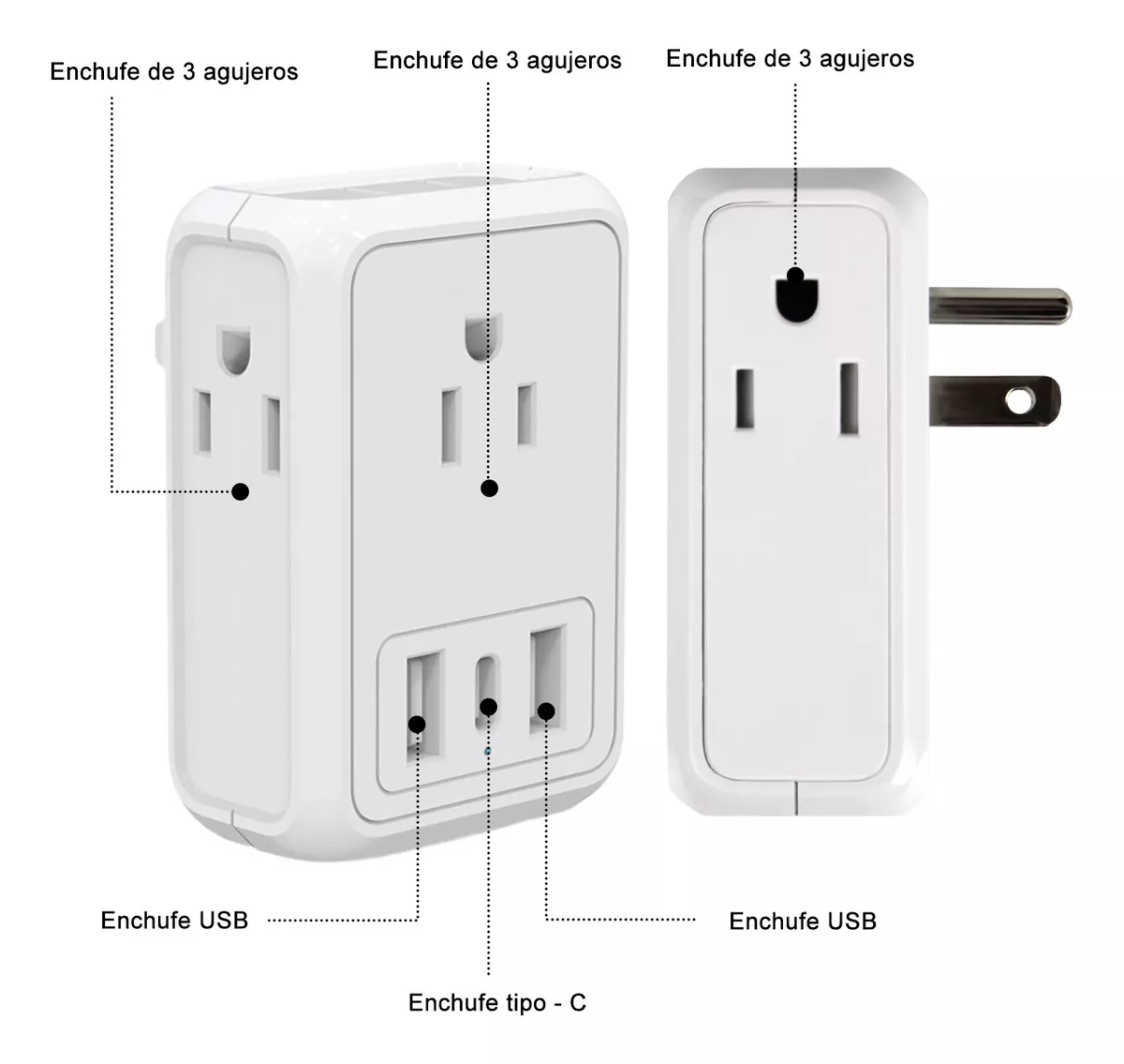 Foto 3 pulgar | Clavija Convertidor Europeo A Americano Con 2 USB + 1 USB-C 3 Piezas Blanco