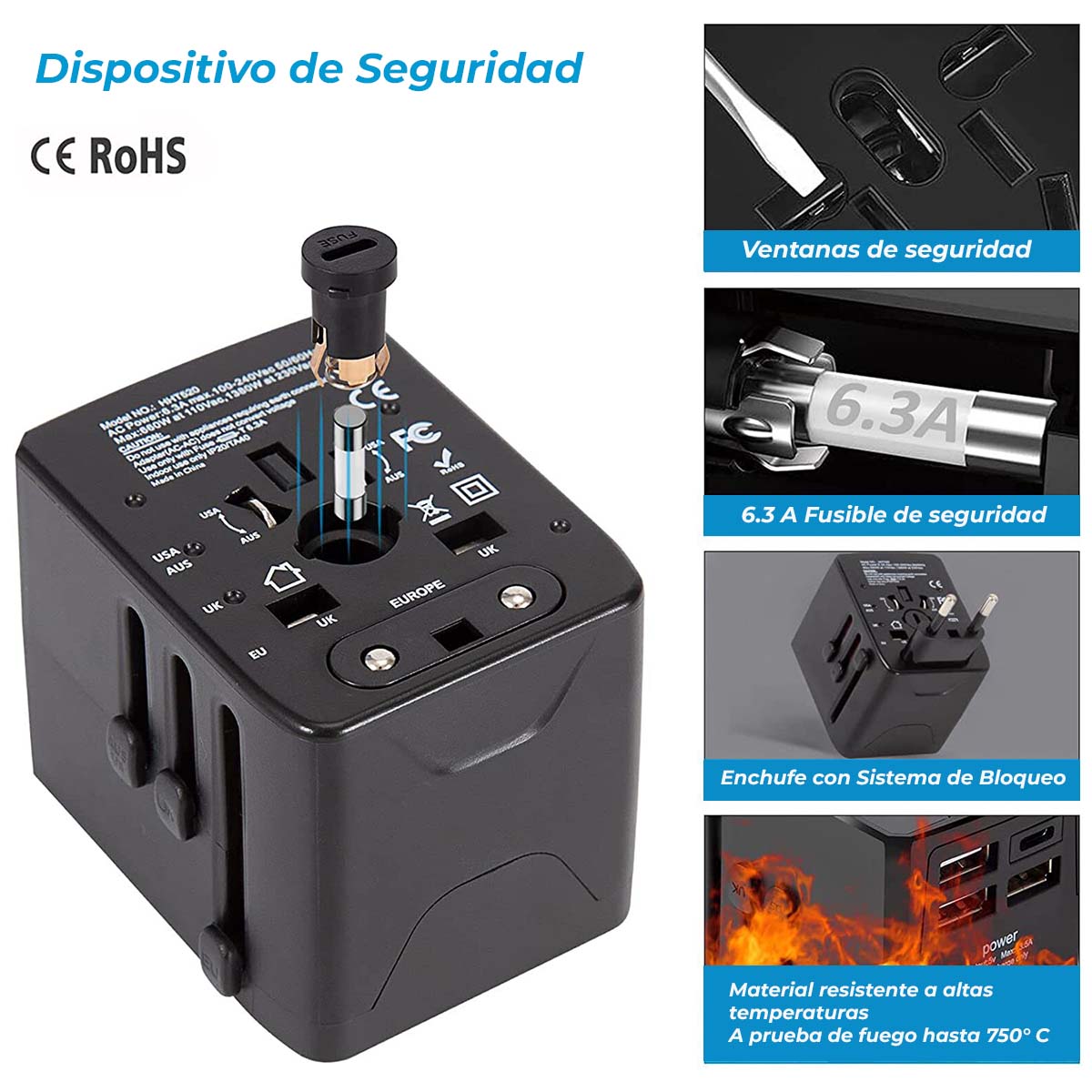 Foto 5 pulgar | Adaptador Universal De Viaje Adaptador Internacional Enchufe C/ 4 Puertos Usb (1tipo C) Adaptador De Corriente I