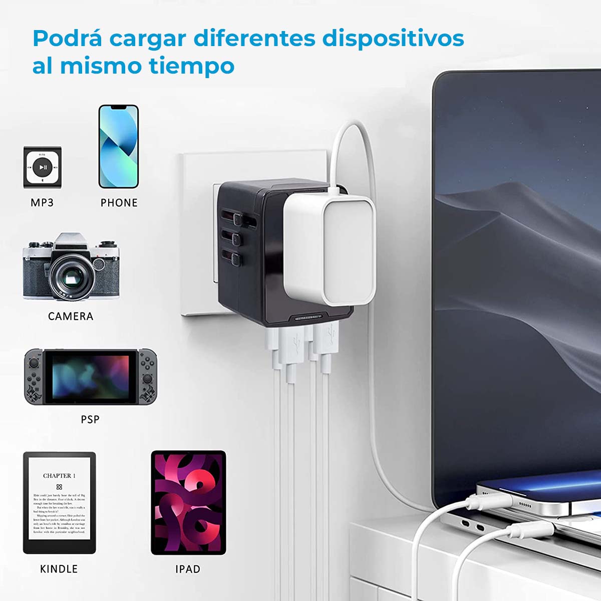 Foto 7 pulgar | Adaptador Universal De Viaje Adaptador Internacional Enchufe C/ 4 Puertos Usb (1tipo C) Adaptador De Corriente I