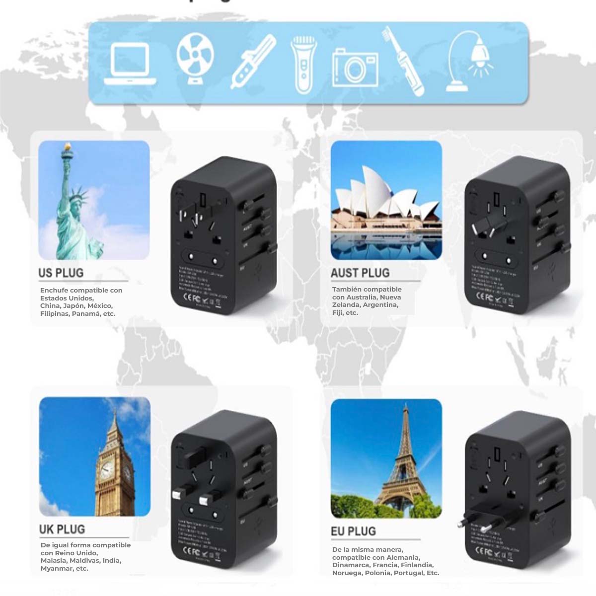 Foto 8 pulgar | Adaptador Universal De Viaje Adaptador Internacional Enchufe C/ 4 Puertos Usb (1tipo C) Adaptador De Corriente I