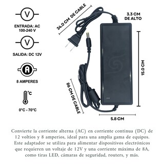 Foto 6 | Adaptador 12v 8a Universal: Tiras Led, Cctv, Hogar Y Oficina. Protección Contra Sobrecarga. Entrada 100-240v