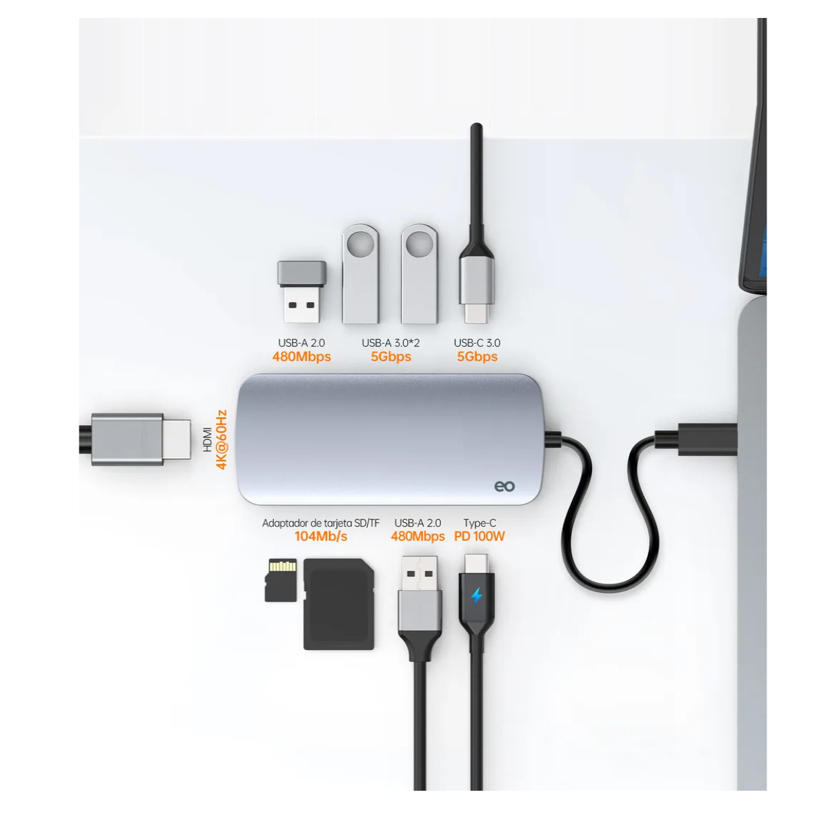 Foto 3 pulgar | Adaptador 9 En 1 Usb Tipo C A Hdmi 4k Con 3 Puertos Usb 3.0 Eo Safe Imports Esi-19546 Gris