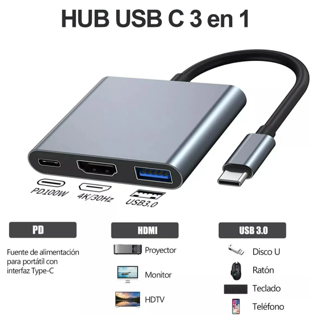 Foto 3 pulgar | Xtellar Adaptador Usb C Multipuerto 3 En 1 Con Salida Hdmi 4k - Compatible Con Macbook  Matebook  Galaxy Y Más