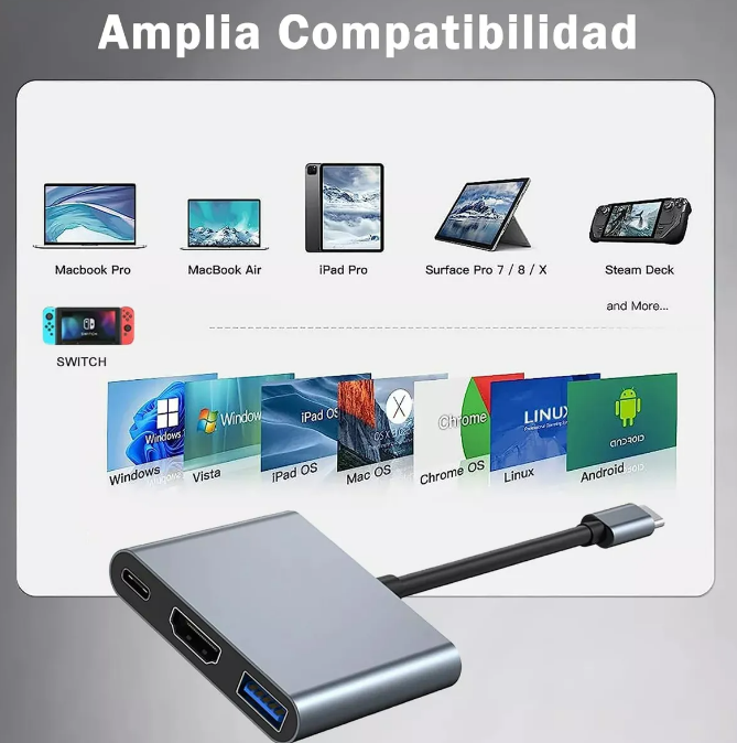Foto 4 pulgar | Xtellar Adaptador Usb C Multipuerto 3 En 1 Con Salida Hdmi 4k - Compatible Con Macbook  Matebook  Galaxy Y Más