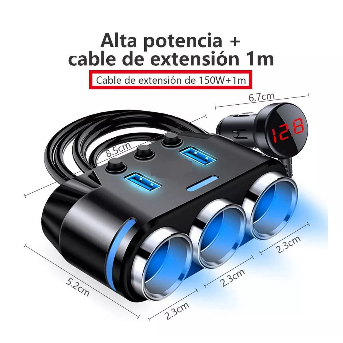 Foto 2 | Adaptador De Mechero De 3 Tomas Divisor De Mechero Con Led Eo Safe Imports Esi-15541 Negro