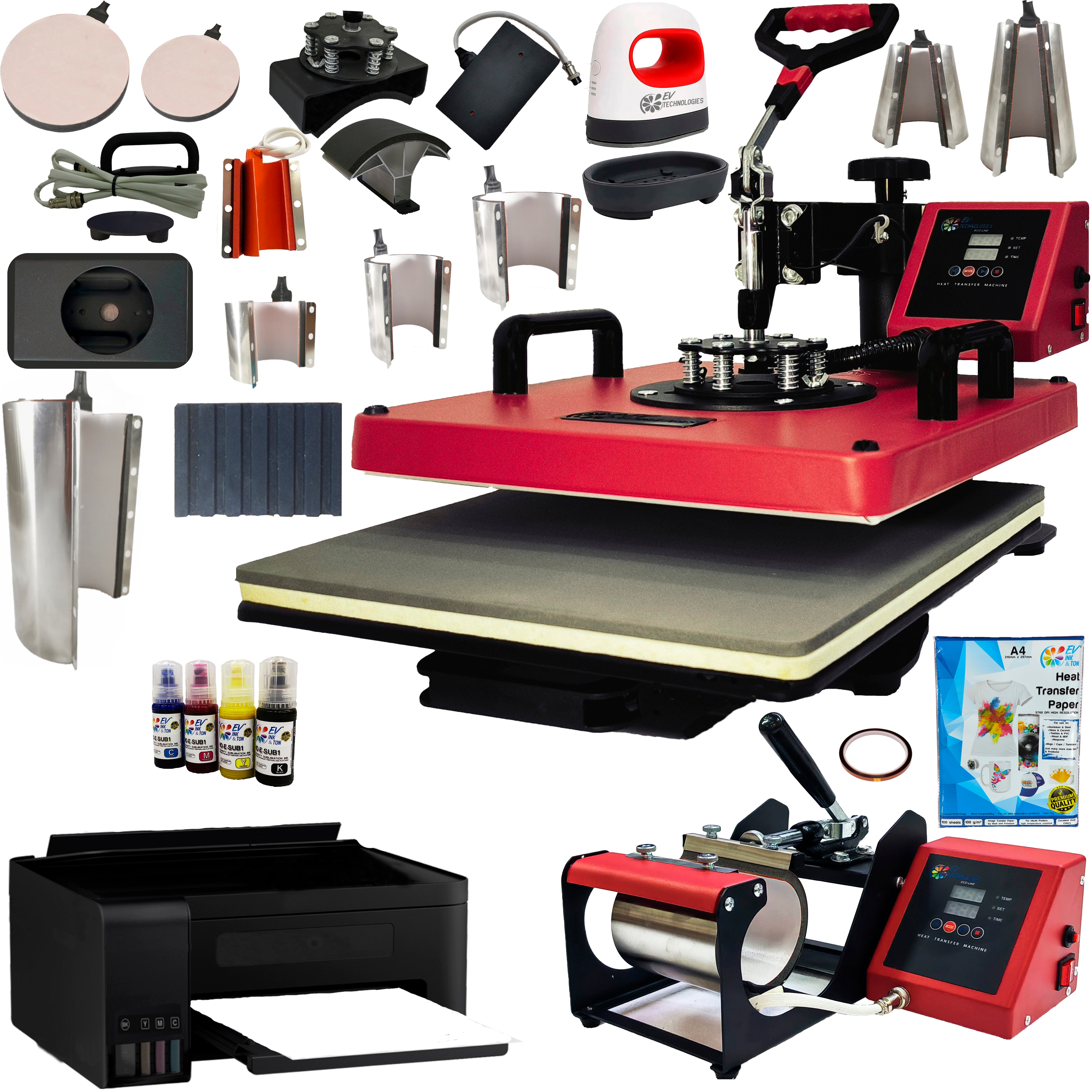 Combo 17 en 1 EV Technologies Plancha Sublimación Roja con Impresora y 150 Artículos $13,350