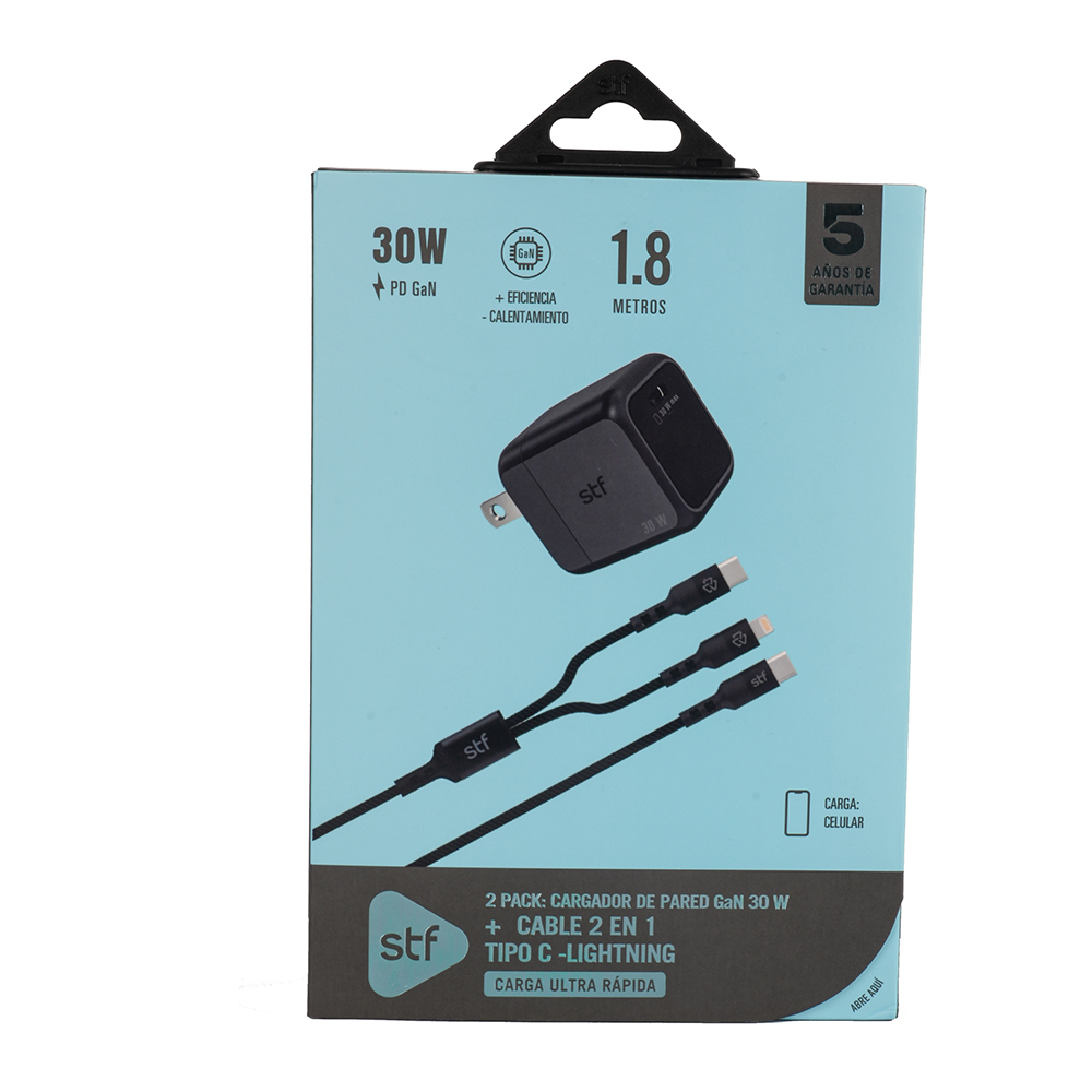 Foto 5 | Kit Cargador de Pared y Cable 2 en 1 STF Carga Ultra Rápida 3A Tipo C-Lightning 60W