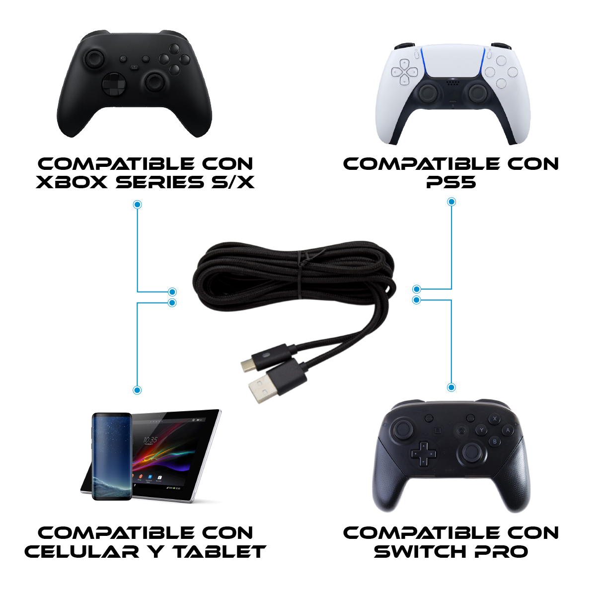 Foto 4 pulgar | Cable USB Virtual Zone VZ-AND-USBC3XB color Negro Tipo C de 3 M para Carga y Datos de Control de Xbox Series X O S