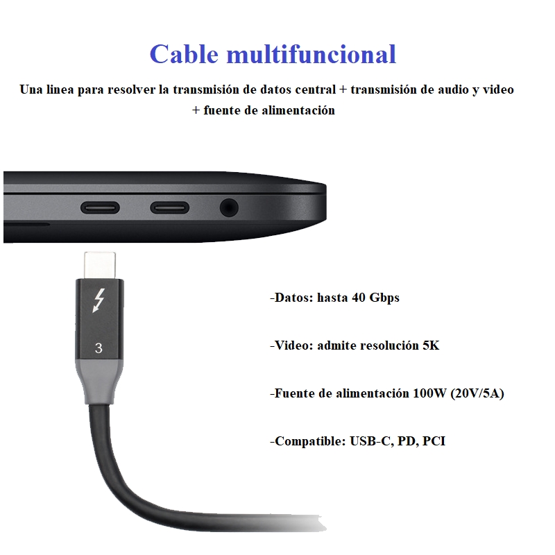 Foto 6 pulgar | Cable Thunderbolt 3 Tipo C De 100 W, 20 V-5 A, 61 Cm De Longitud - Venta Internacional.