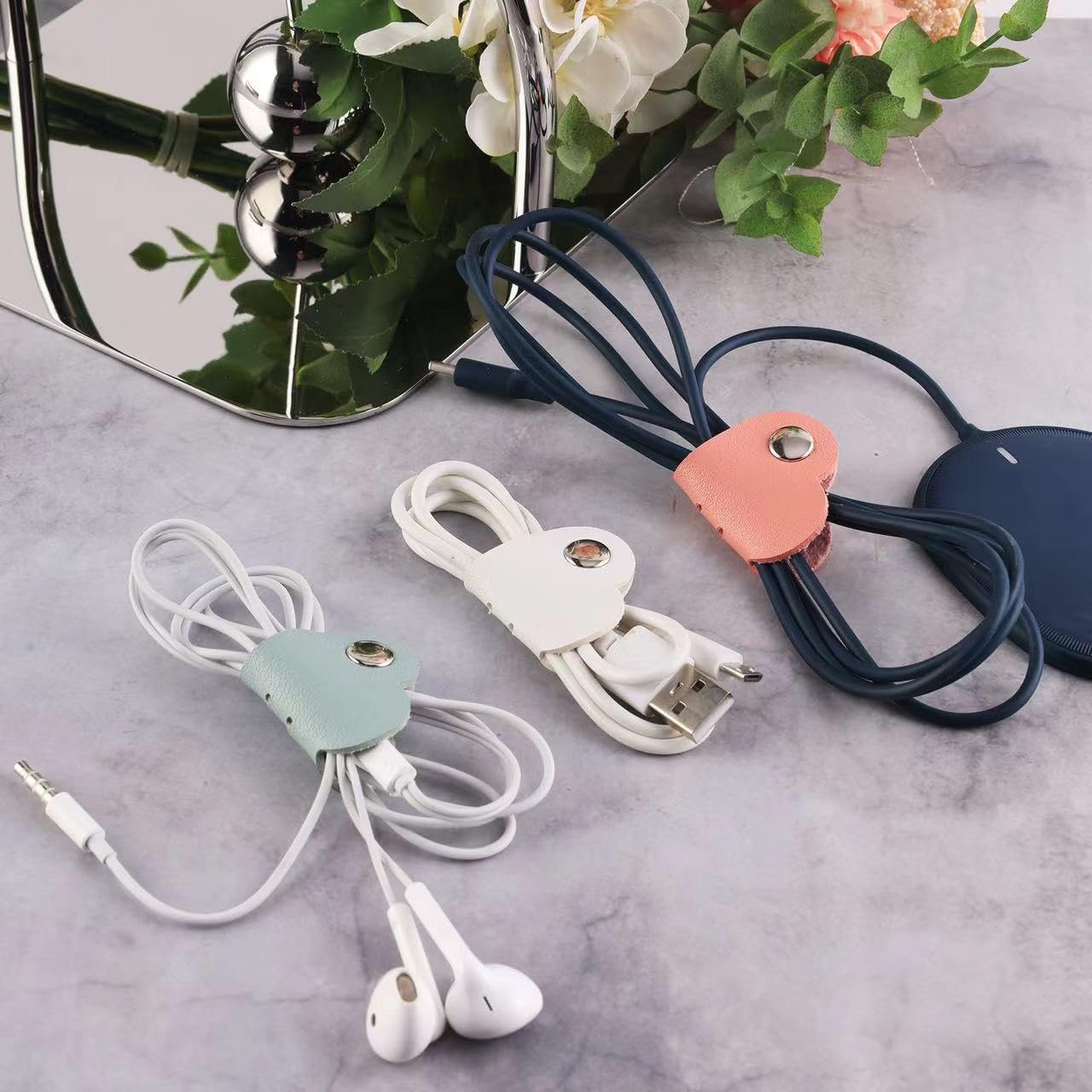 Foto 6 pulgar | Organizador De Cables Con Forma De Corazón, Piel Sintética, 3 Unidades, Color Matcha - Venta Internacional.