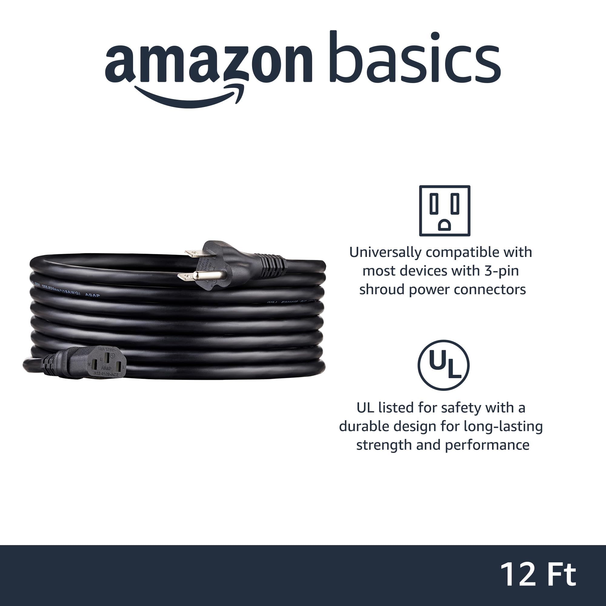 Foto 3 pulgar | Cable De Alimentación Amazon Basics De Repuesto De 12 Pies, Negro - Venta Internacional.