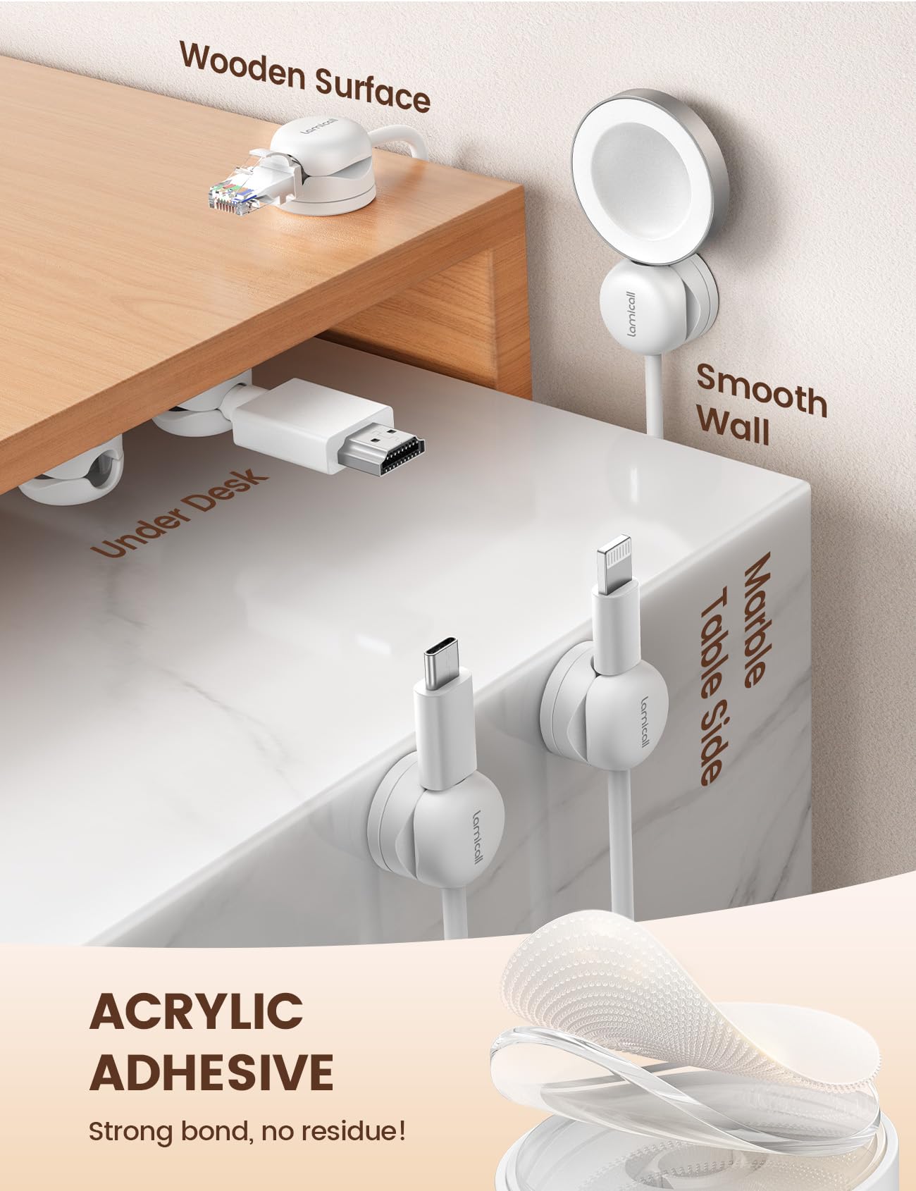 Foto 7 pulgar | Organizador De Cables Lamicall, Paquete De 6 Soportes Para Cables, Blanco - Venta Internacional.
