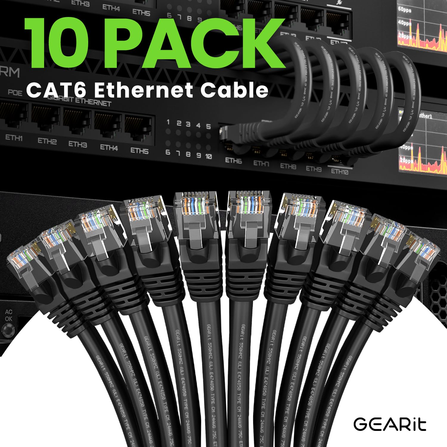 Foto 3 pulgar | Cable Ethernet Gearit Cat 6, 3 Pies (1 M), Paquete De 10 Gbps Rj45, 10 Gbps, Negro - Venta Internacional.