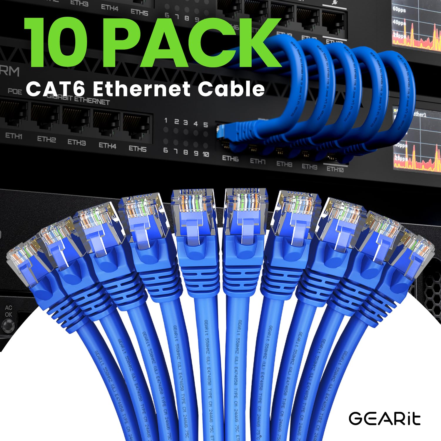 Foto 3 pulgar | Cable Ethernet Gearit Cat 6, Paquete De 10 Unidades, 30 Cm, 10 Gbps, Rj45, Azul - Venta Internacional.