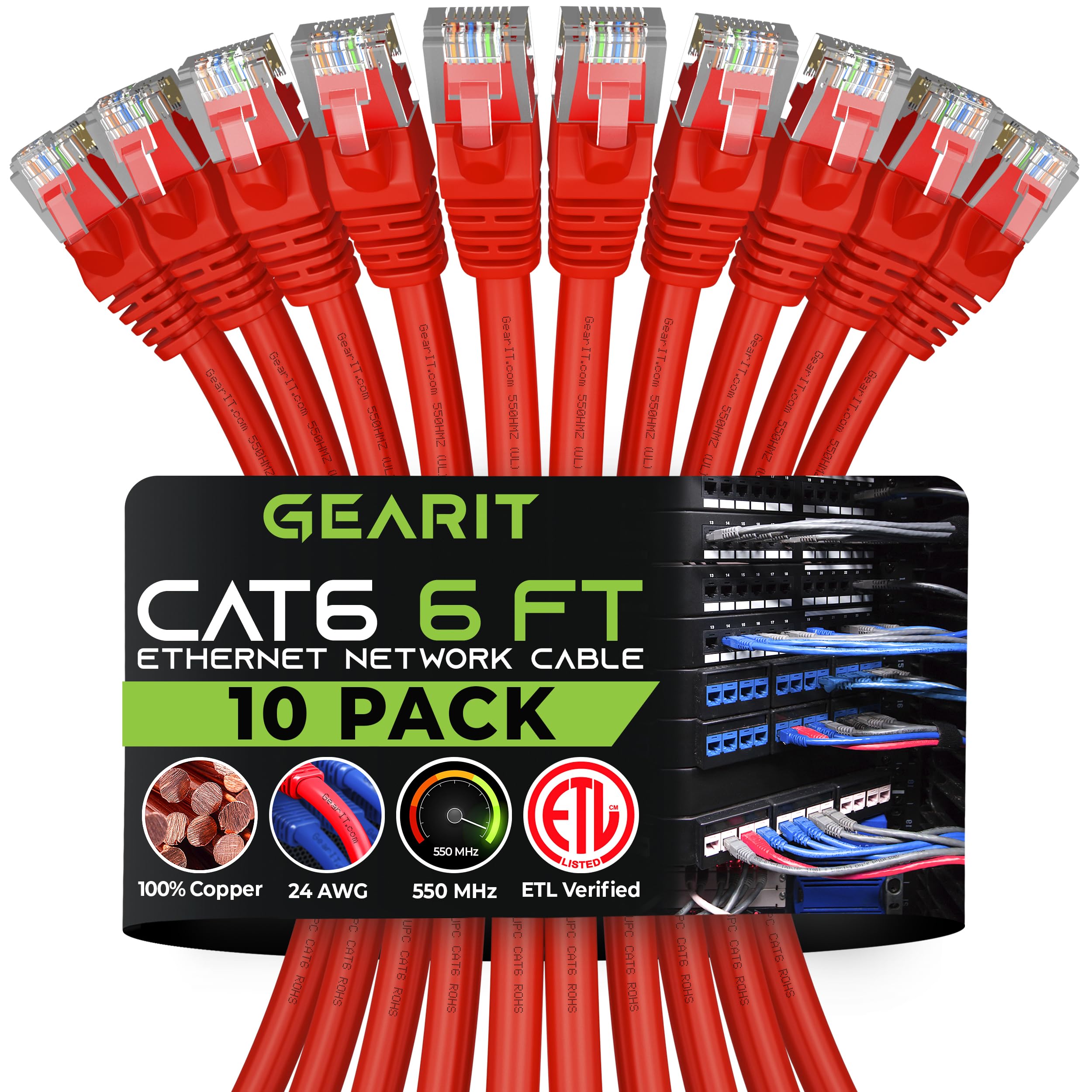 Cable Ethernet Gearit Cat 6 (paquete De 10, 1,8 M), 10 Gbps Rj45, Rojo - Venta Internacional.